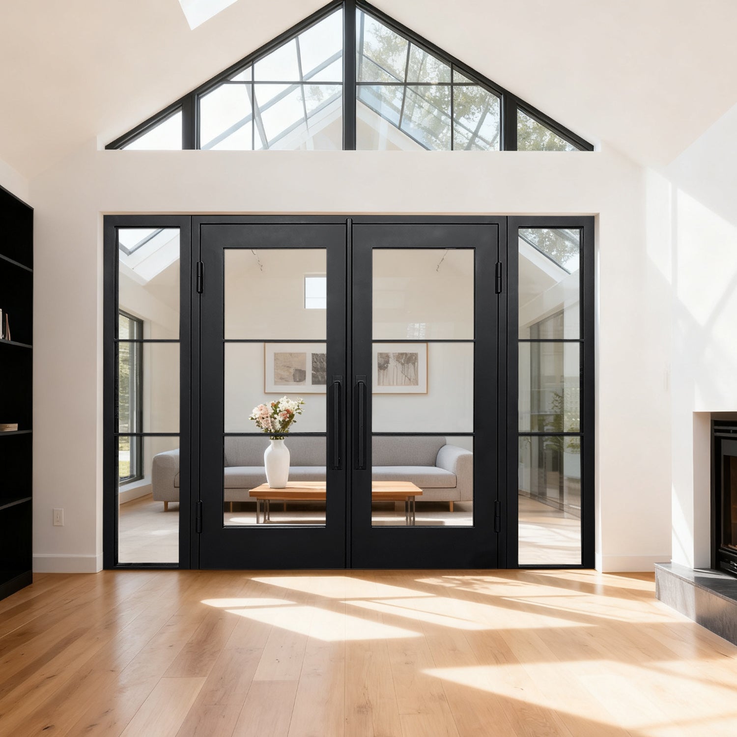 Modern interior double door with clear glass and sidelights