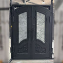 Customized iron front double door with scrollwork and diamond glass N186