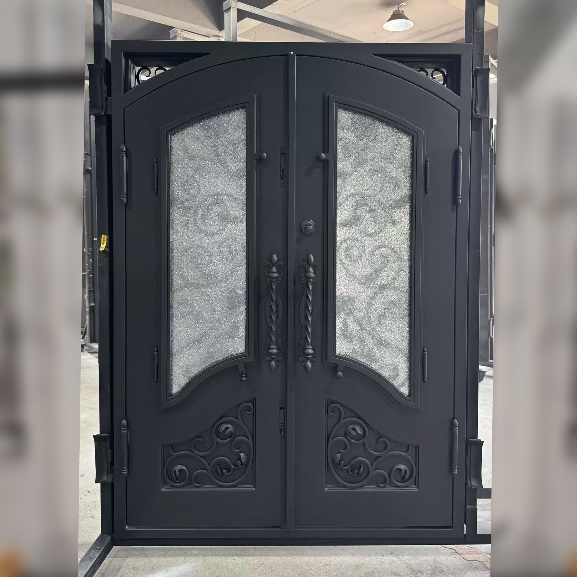 Customized iron front double door with scrollwork and diamond glass N186