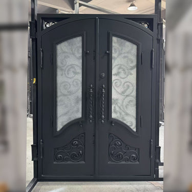 Customized iron front double door with scrollwork and diamond glass N186