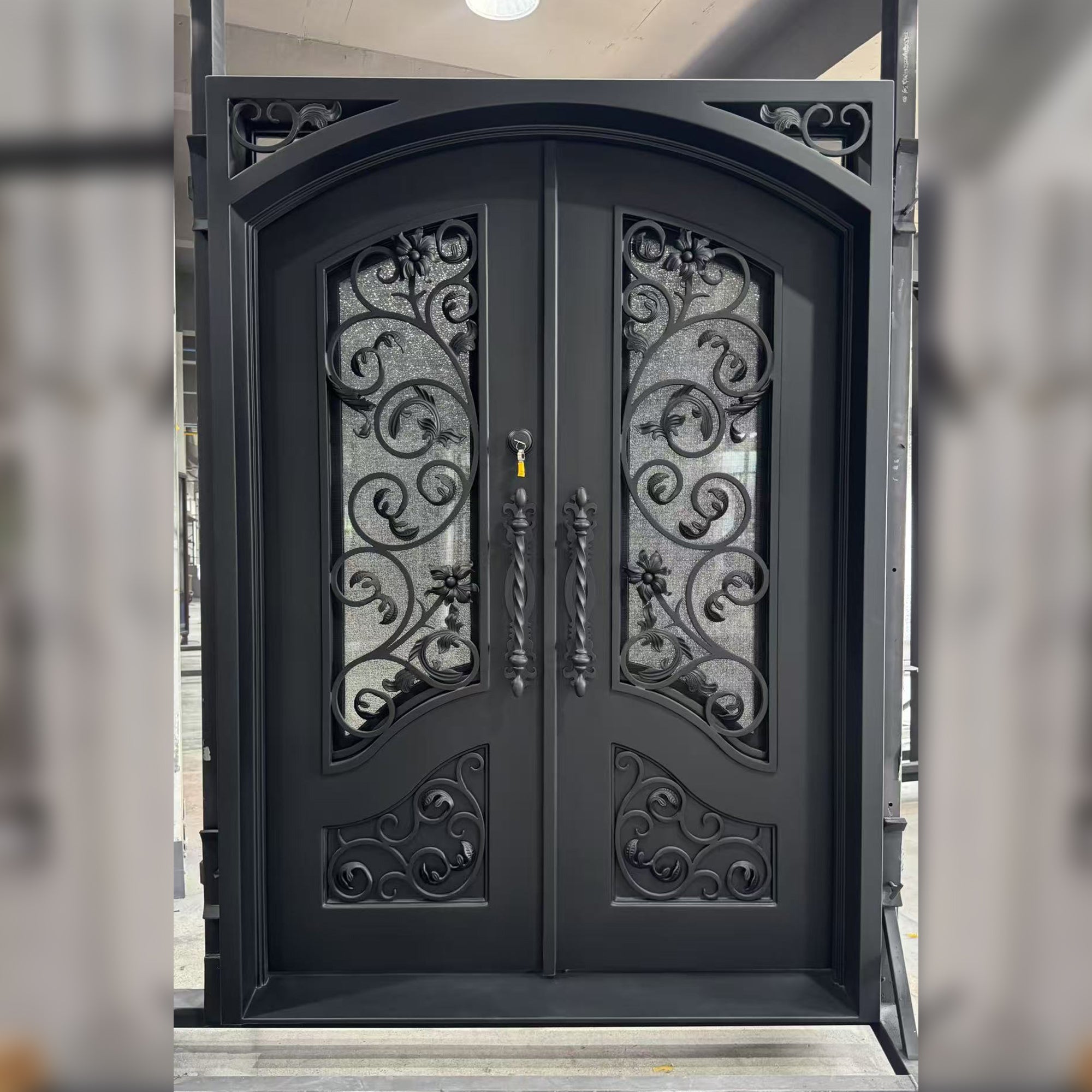 Customized iron front double door with scrollwork and diamond glass N186