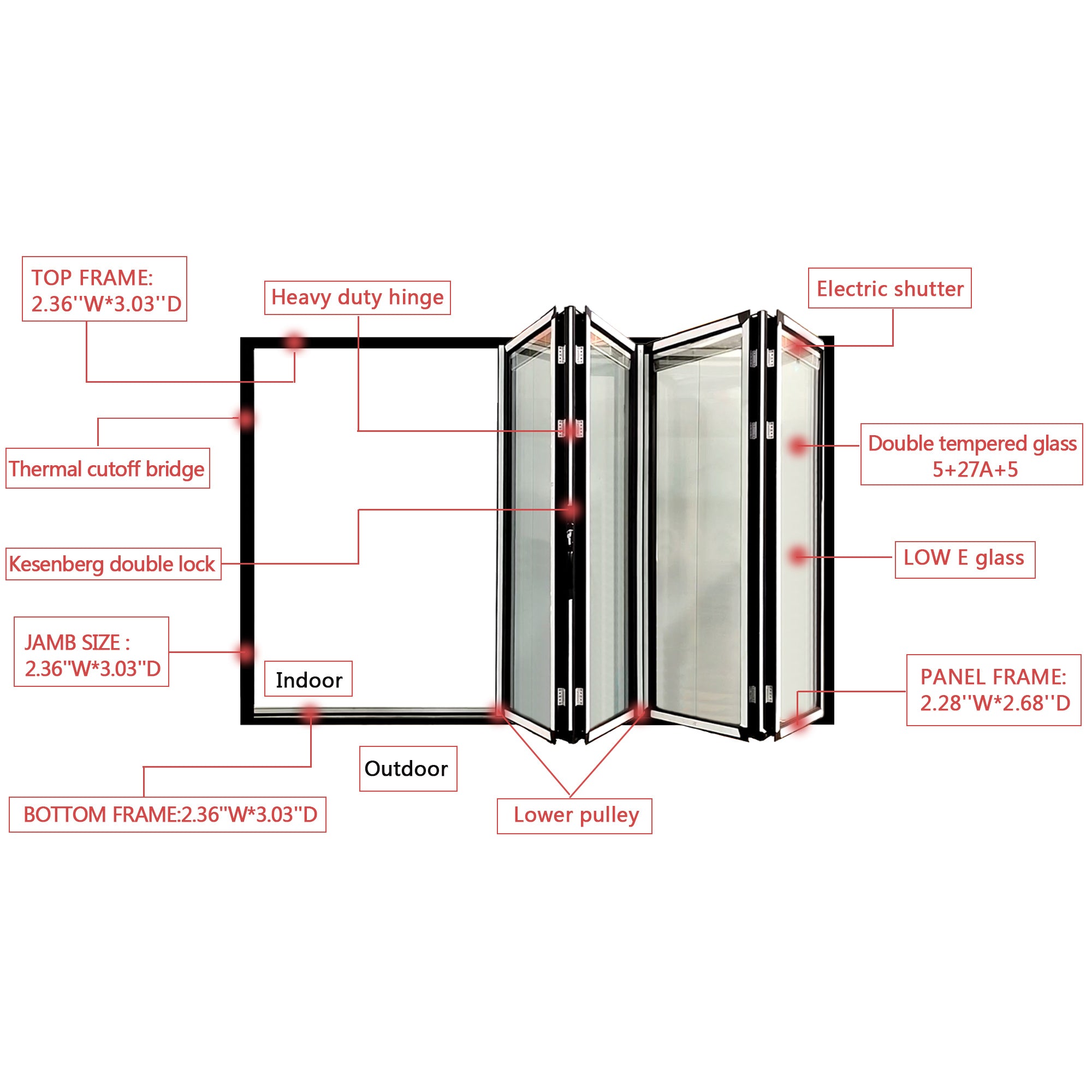 GID Aluminum Alloy Patio Bifold Doors 5 Panels with Tempered Glass ABF004