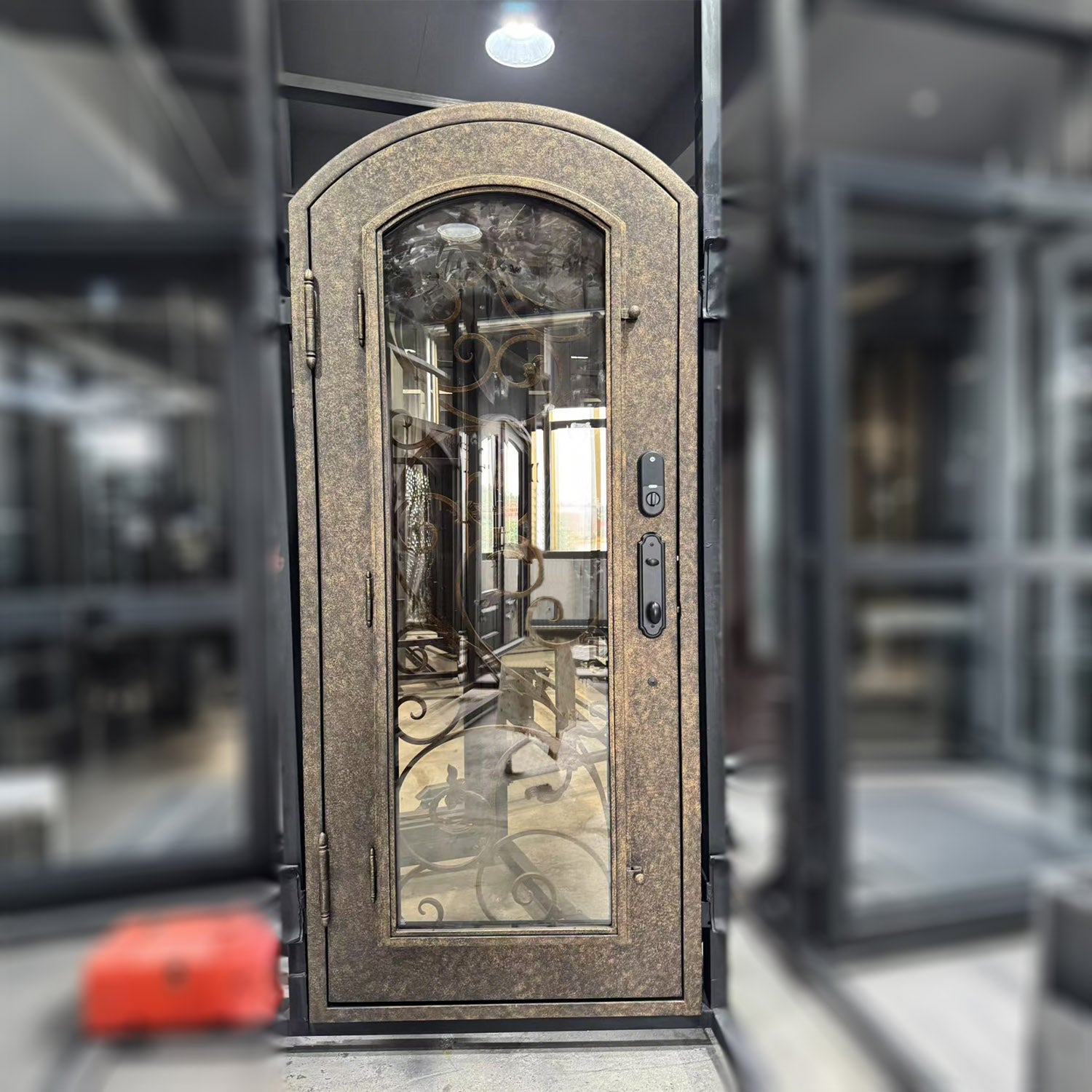 Decorative glass door with intricate design