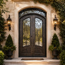 Large wrought iron front door with curved top design