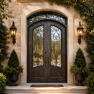 Large wrought iron front door with curved top design