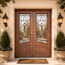 Rust red brown wrought iron double front door with kickplate