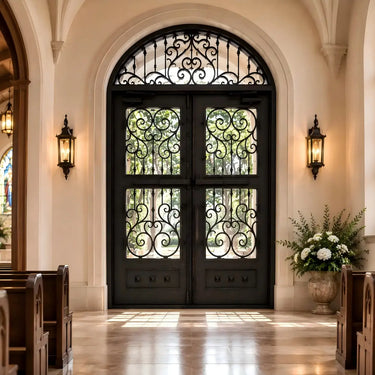 Large iron double entry door with panic bar hardware