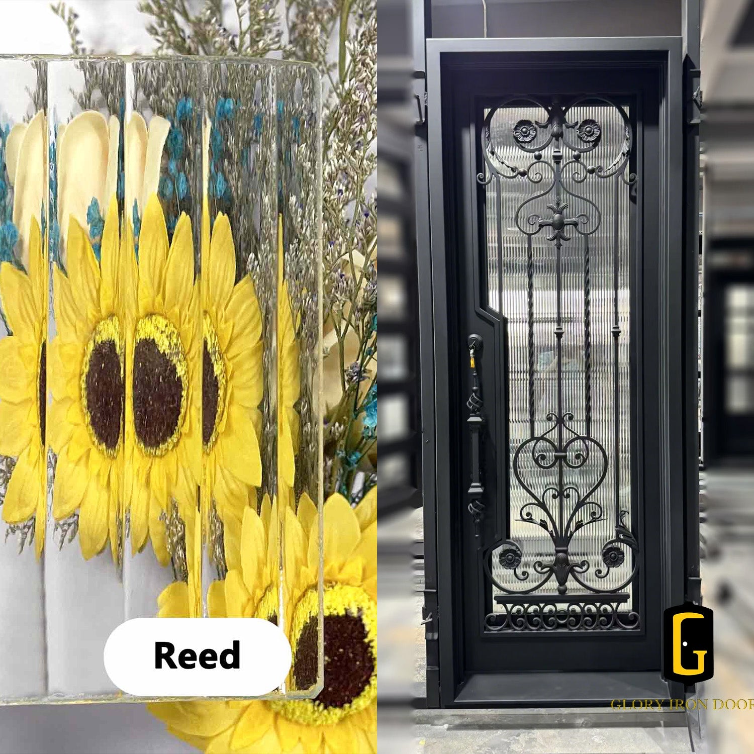 gloryirondoors iron single entry door with reed glass and beautiful scrollwork