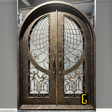 Custom wrought iron double front door with decorative detailing