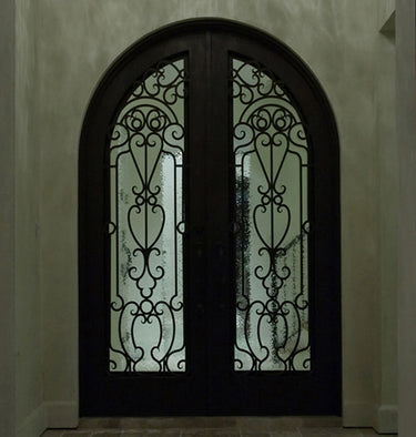 iron front double door with aquatex glass and round top