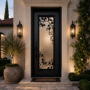 Wrought iron single entry door with decorative scrollwork