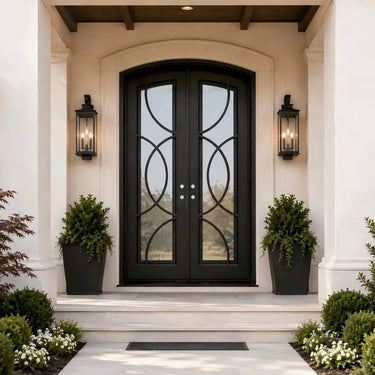 Custom iron double entry door with simple curved ironwork