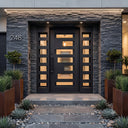 Contemporary iron front door with glass panels and sidelights