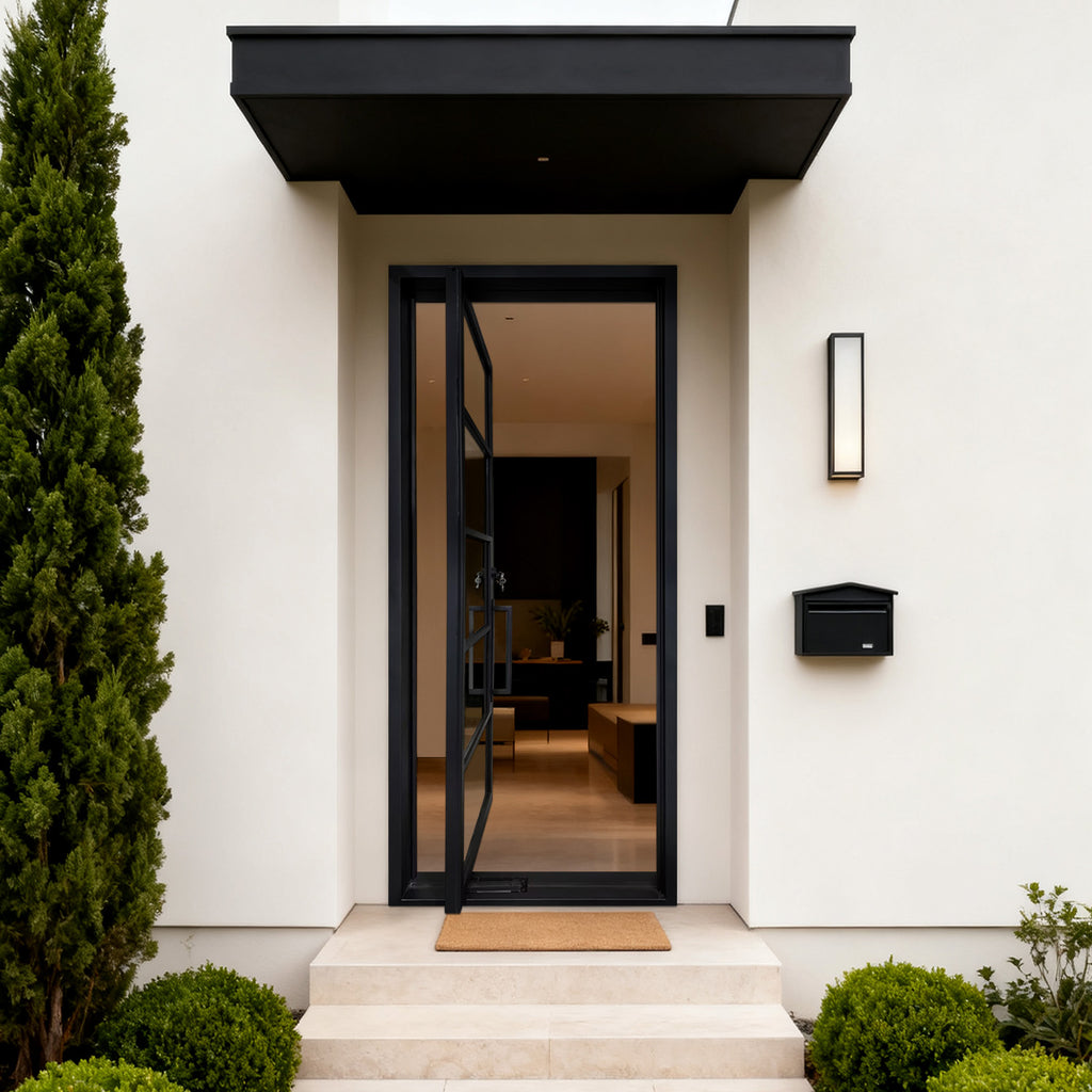 GID Modern Iron Pivot Entry Door with Slim Frame Glass Design in Matte