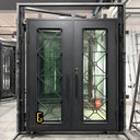 Contemporary black iron double entry door with glass panels