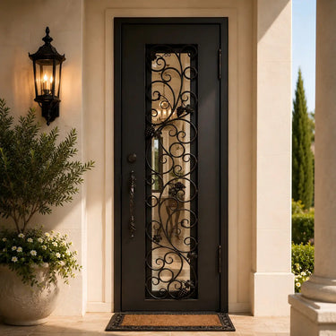 Narrow square top wrought iron single entry door with scrollwork