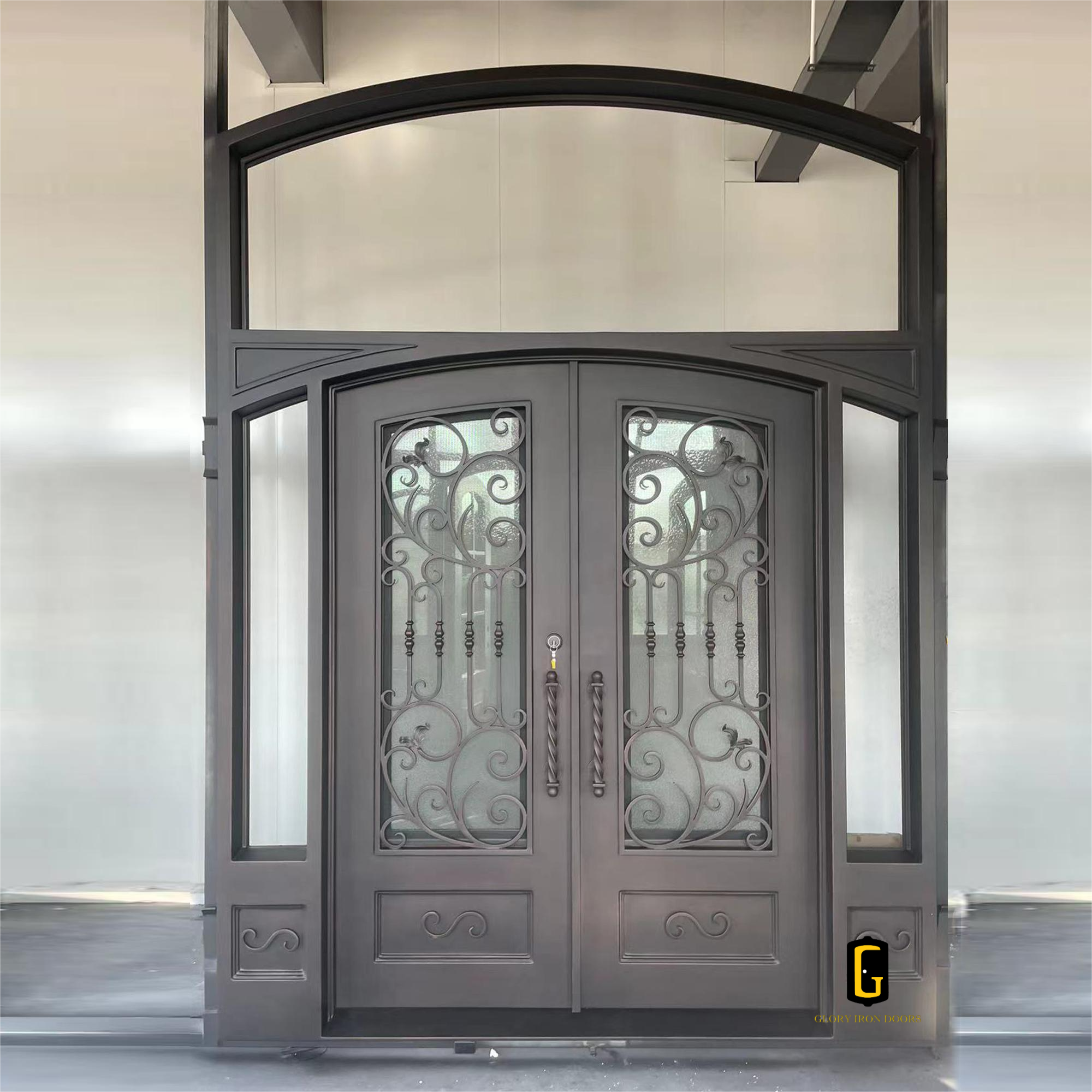 Diamond beveled glass on luxury iron front door, adding decorative detail and enhanced light reflection for upscale home entrances.