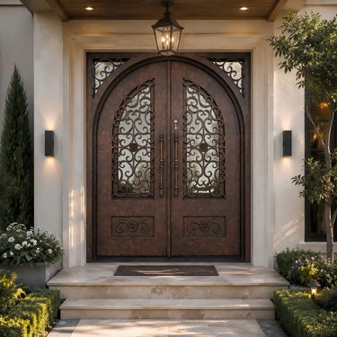 Unique round inside square top wrought iron double door