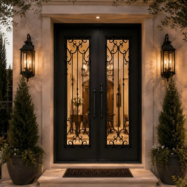 Traditional iron front door with decorative scrollwork