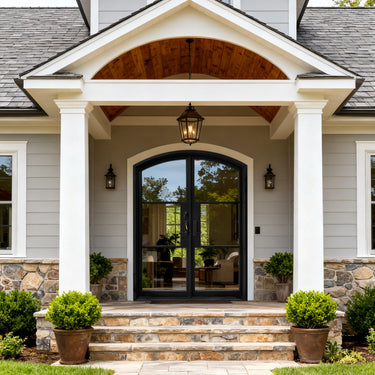 Thermal break arched 3 lite steel French double door