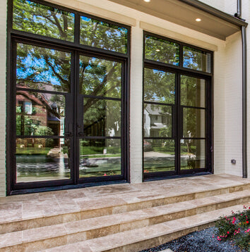 black iron french double door with square transom