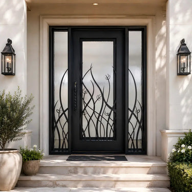 Openable glass iron single door with two sidelights and nature-inspired ironwork