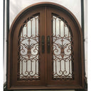aged color wrought iron double entrance door with round frame