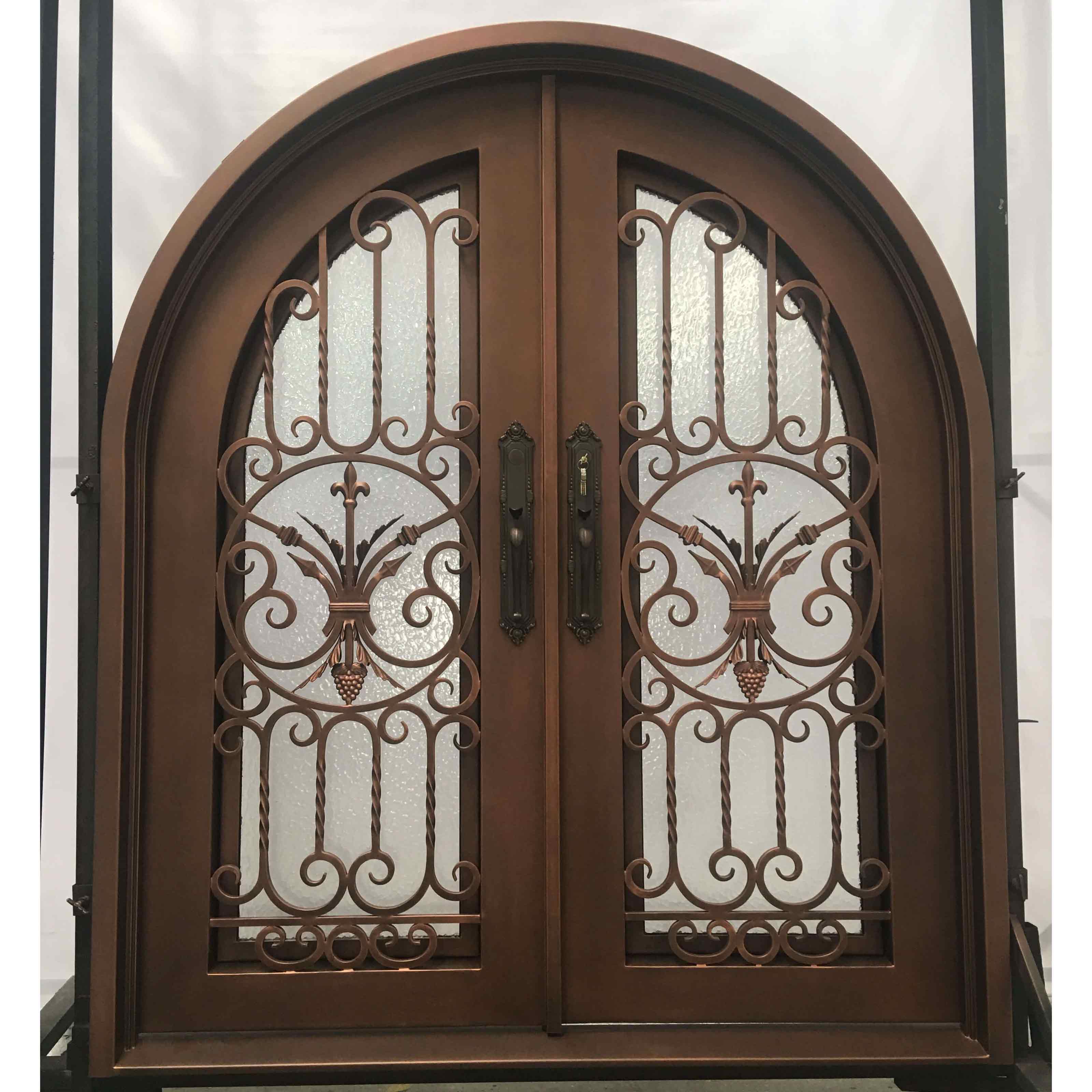 aged color wrought iron double entrance door with round frame