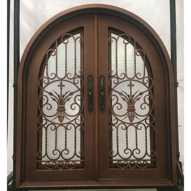 aged color wrought iron double entrance door with round frame