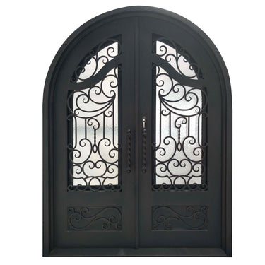 thermal break matte black forged iron double door with fancy scrollwork