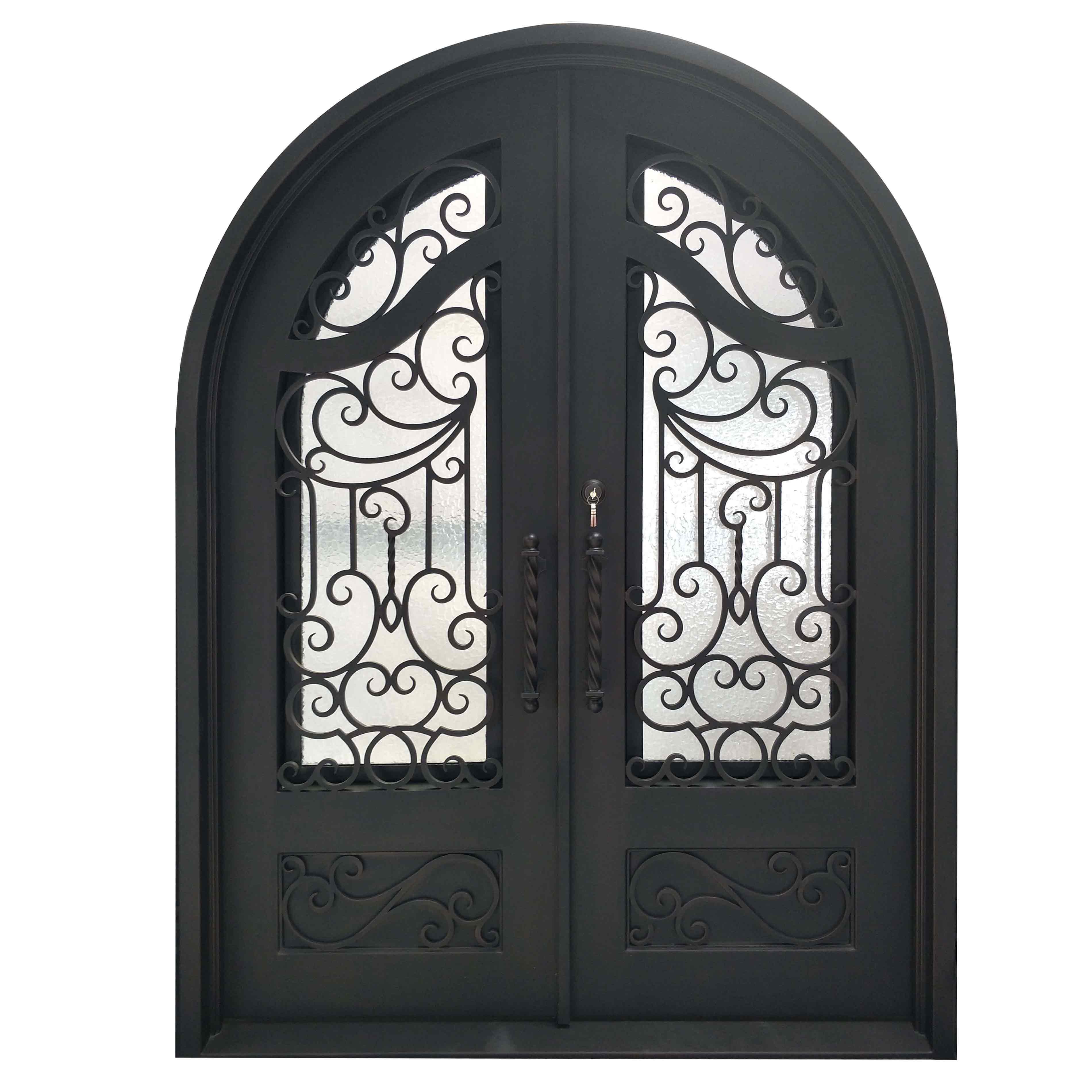 thermal break matte black forged iron double door with fancy scrollwork