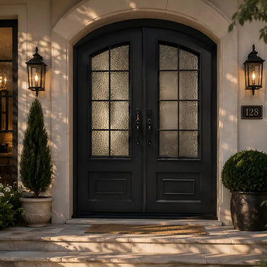 Arched wrought iron double front door with textured privacy glass