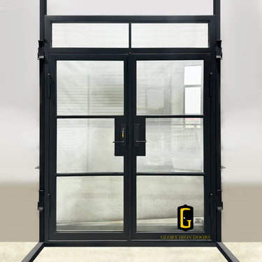 Custom steel French entry door with square transom