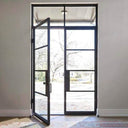 Clean iron French double door with square transom
