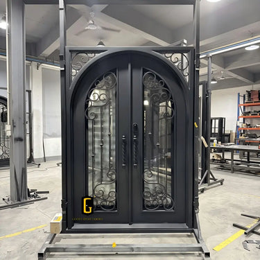 Square frame wrought iron double door with rounded interior profile
