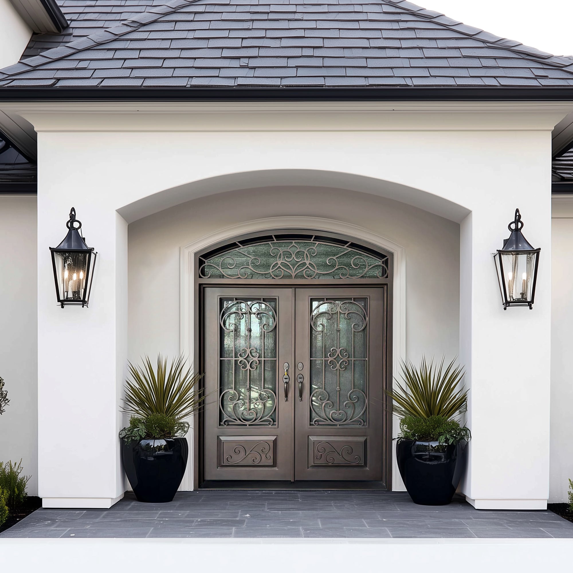 glory square iron double door with arch transom and beautiful scrollwork and matte black finish