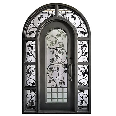 gloryirondoors grape ornamental iron forged front single door round top with frosted glass and two sidelights