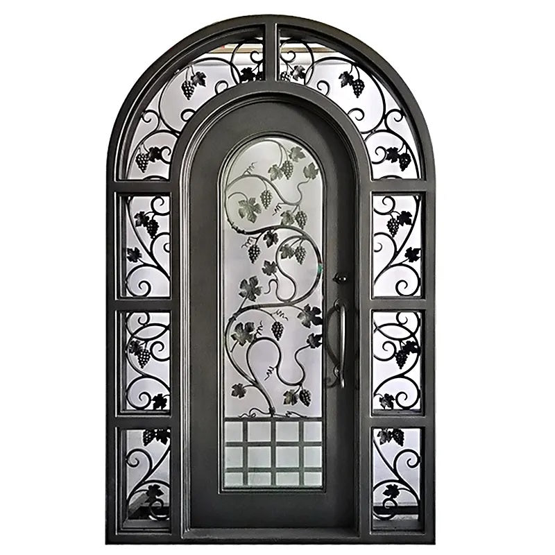 gloryirondoors grape ornamental iron forged front single door round top with frosted glass and two sidelights