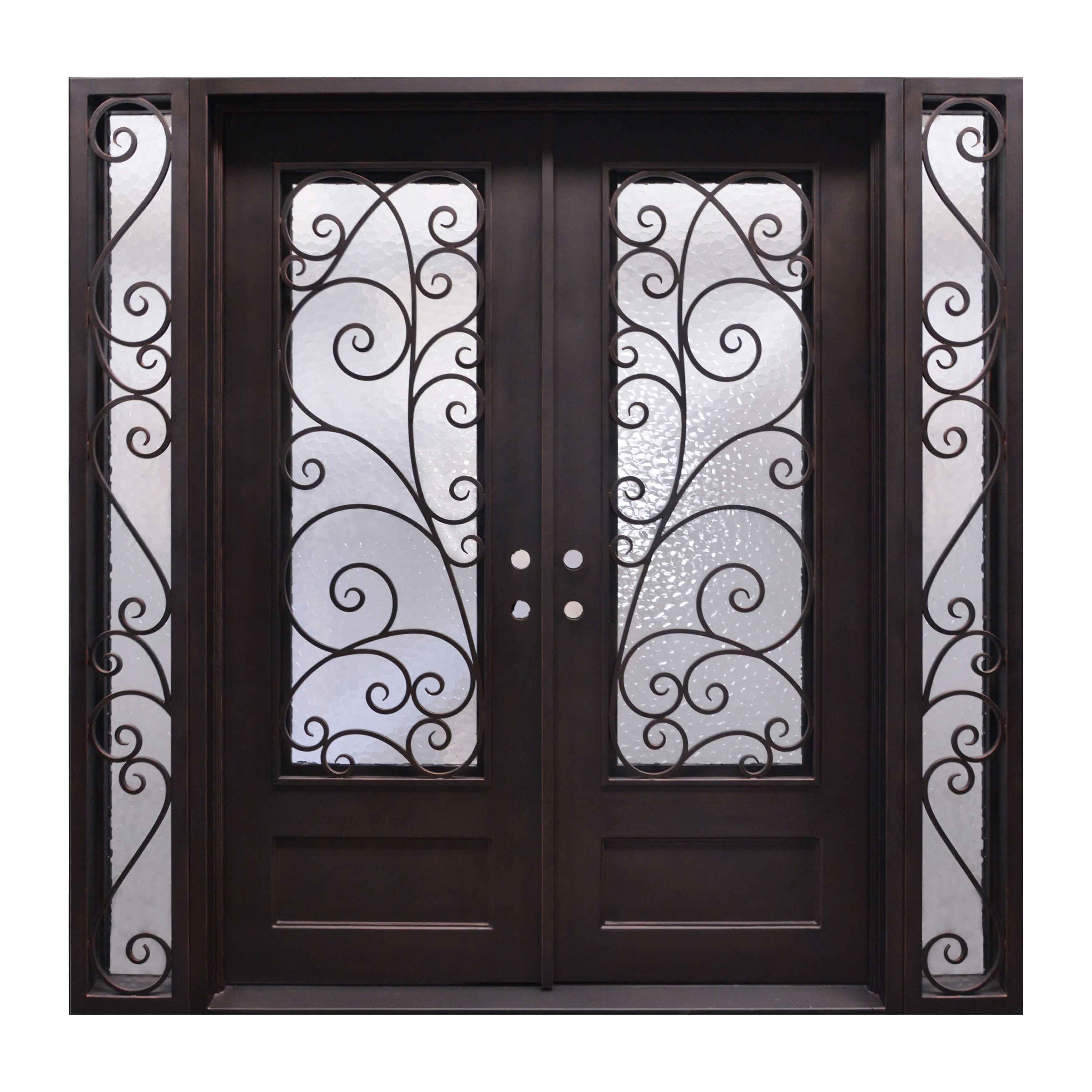 luxurious wrought iron entrance double door with two sidelights