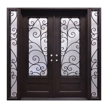 luxurious wrought iron entrance double door with two sidelights
