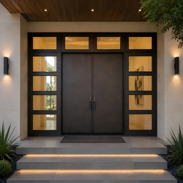 Modern iron double entry door with sidelights and transom
