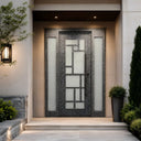 Aged pewter wrought iron single door with two sidelights and frosted glass