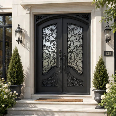 Square frame wrought iron double door with rainstorm glass and scrollwork