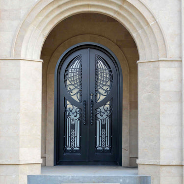 matte black unique design iron double door with round circle top