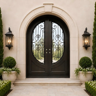 Mediterranean iron double entry door with full arched frame