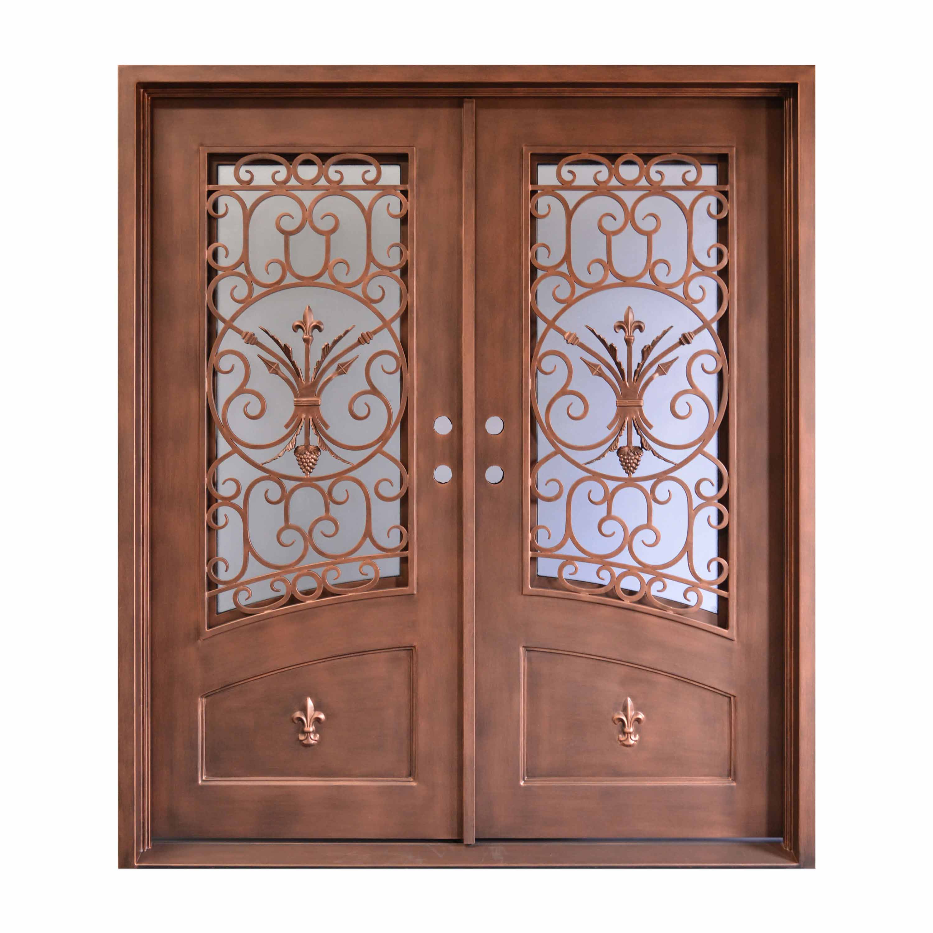 rusty color design wrought iron double door with kickplate