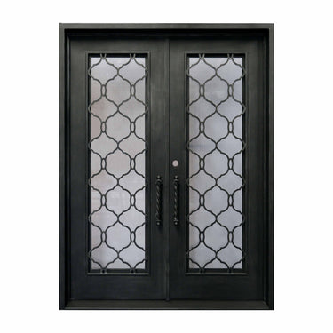 wrought iron double entry door with sandy glass and square top