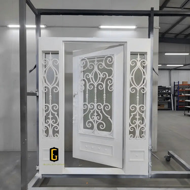 Custom white iron front door with decorative sidelights