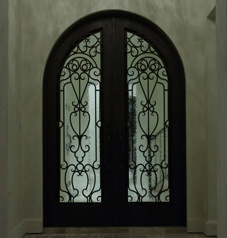 glory thermal break iron front double door with aquatex glass and round top