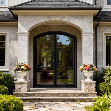 Thermal break arched 3 lite steel French double door